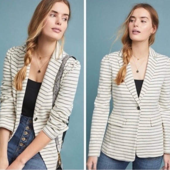 Anthropologie Jackets & Blazers - Anthropologie Striped Blazer Jacket Womens Large Black White Cotton preppy